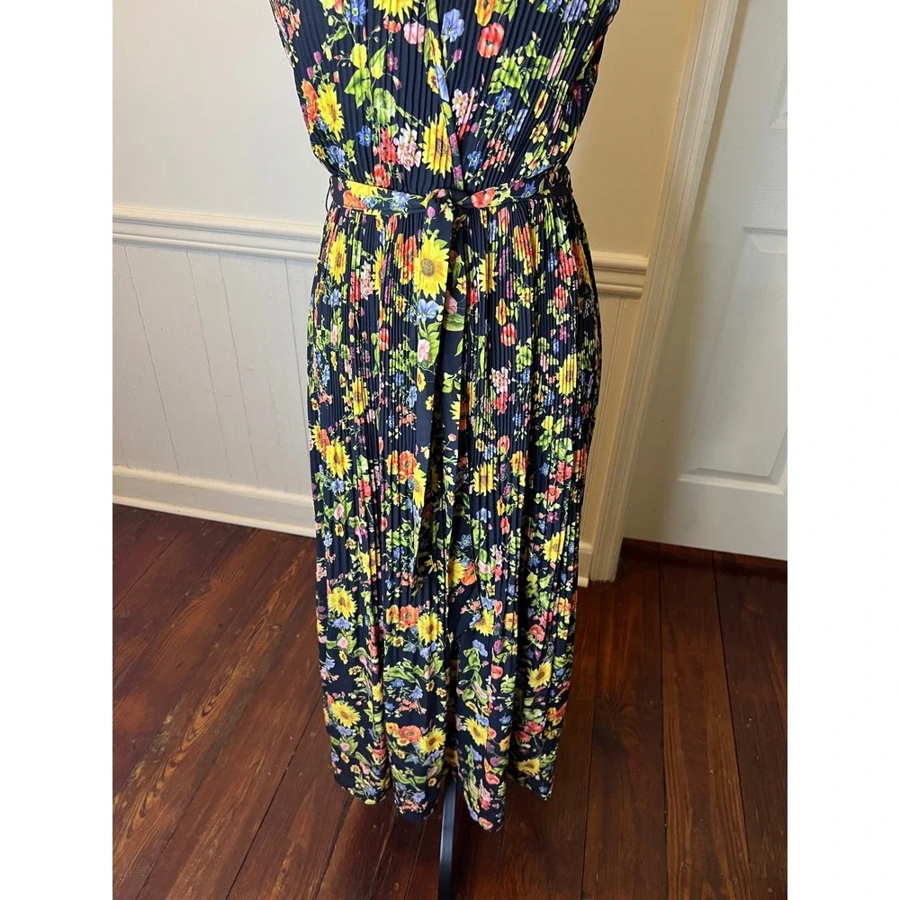 T Tahari sizeS Black Floral Print Pleated Midi Dress Sleeveless V Neck Tie Waist
